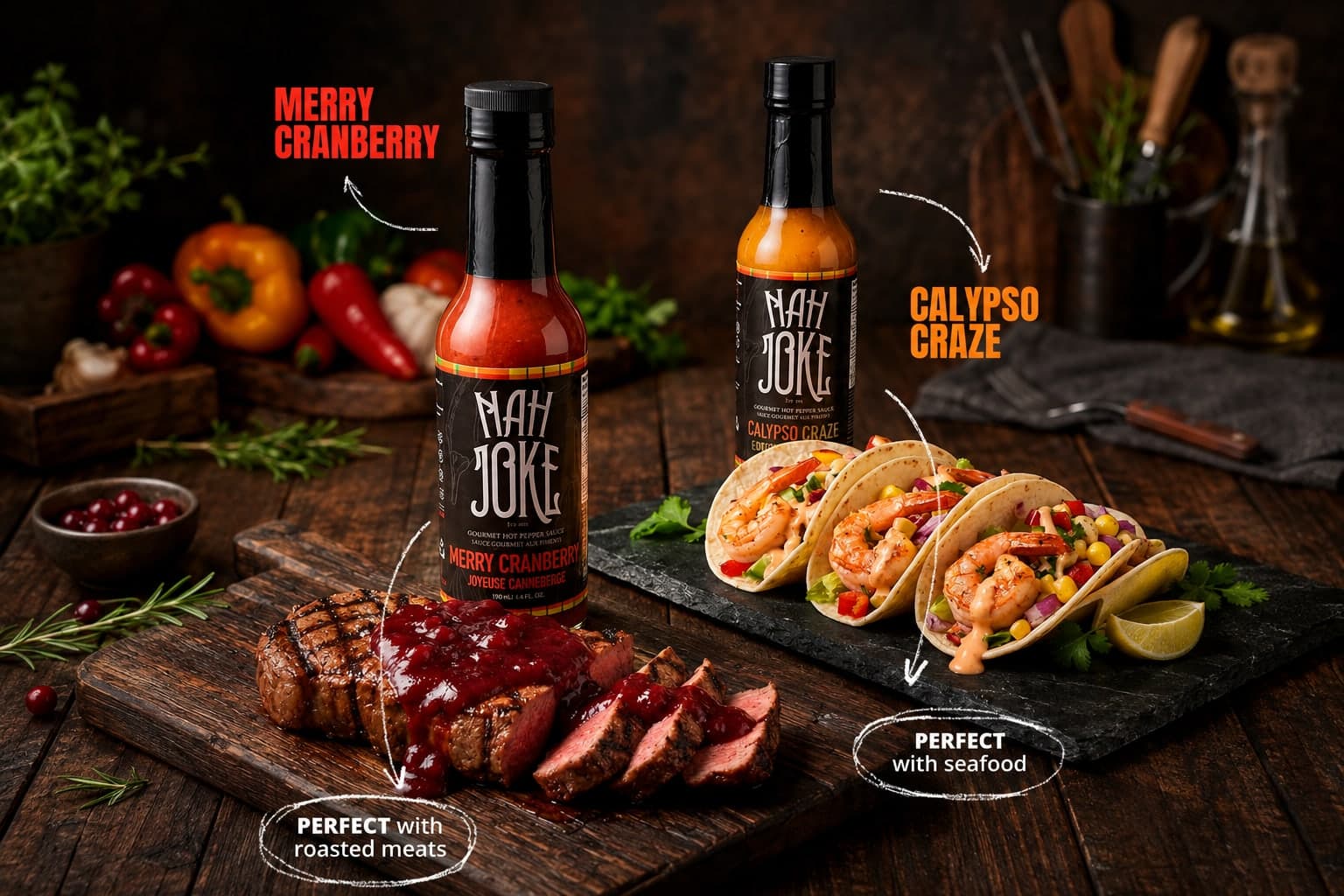Merry Cranberry beside sliced grilled steak, labelled perfect with roasted meats, and Calypso Craze beside shrimp tacos, labelled perfect with seafood